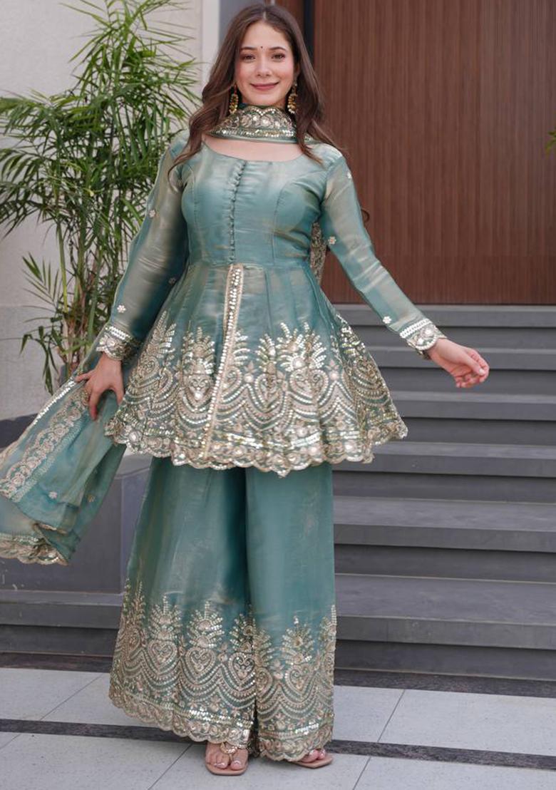 Sea Green Embroidery Work Satin Silk Kurta set - Indya