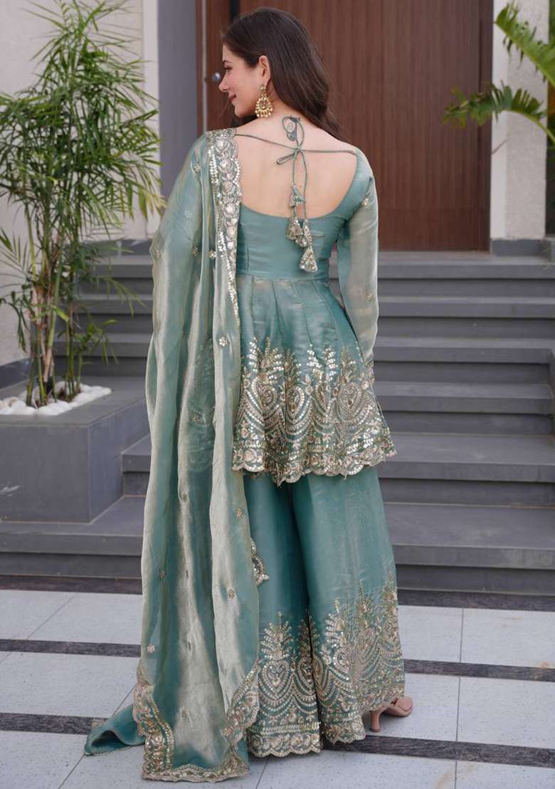 Sea Green Embroidery Work Satin Silk Blend Kurta set - Indya