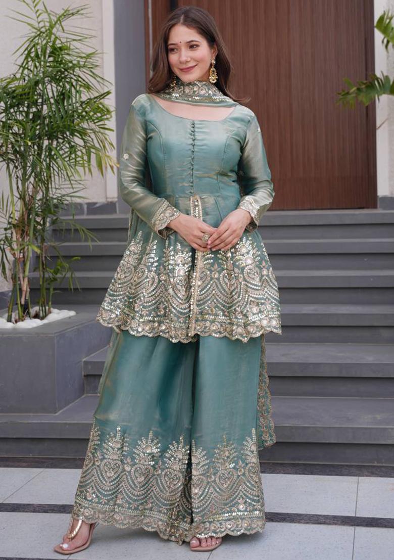 Sea Green Embroidery Work Satin Silk Kurta set - Indya