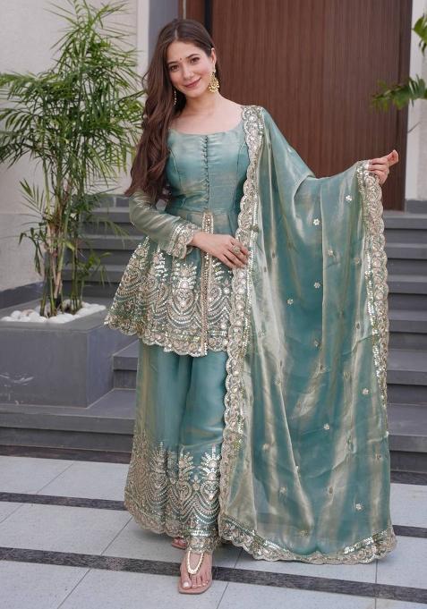Sea Green Embroidery Work Satin Silk Kurta set