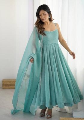 Pastel Aqua Blue Embroidered Silk Anarkali Set