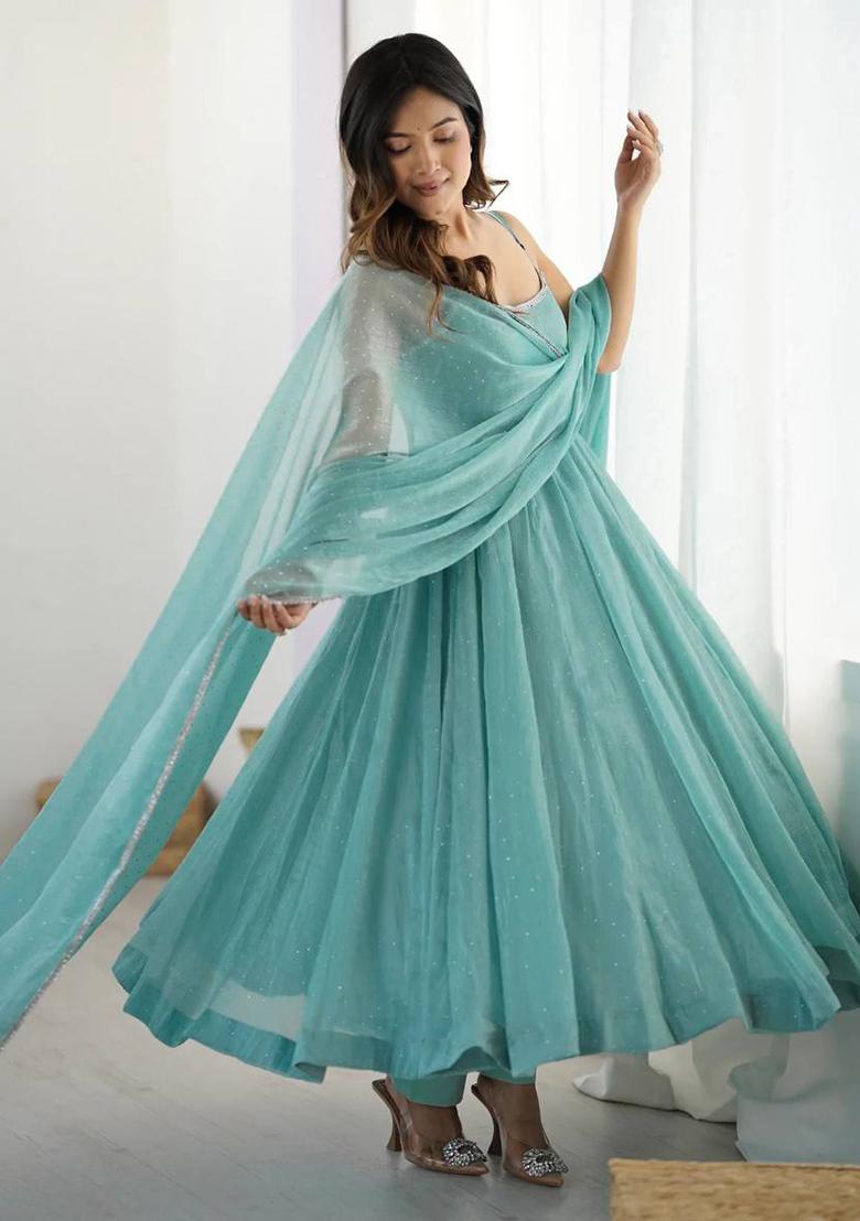 Pastel Aqua Blue Embroidered Silk Anarkali Set - Indya