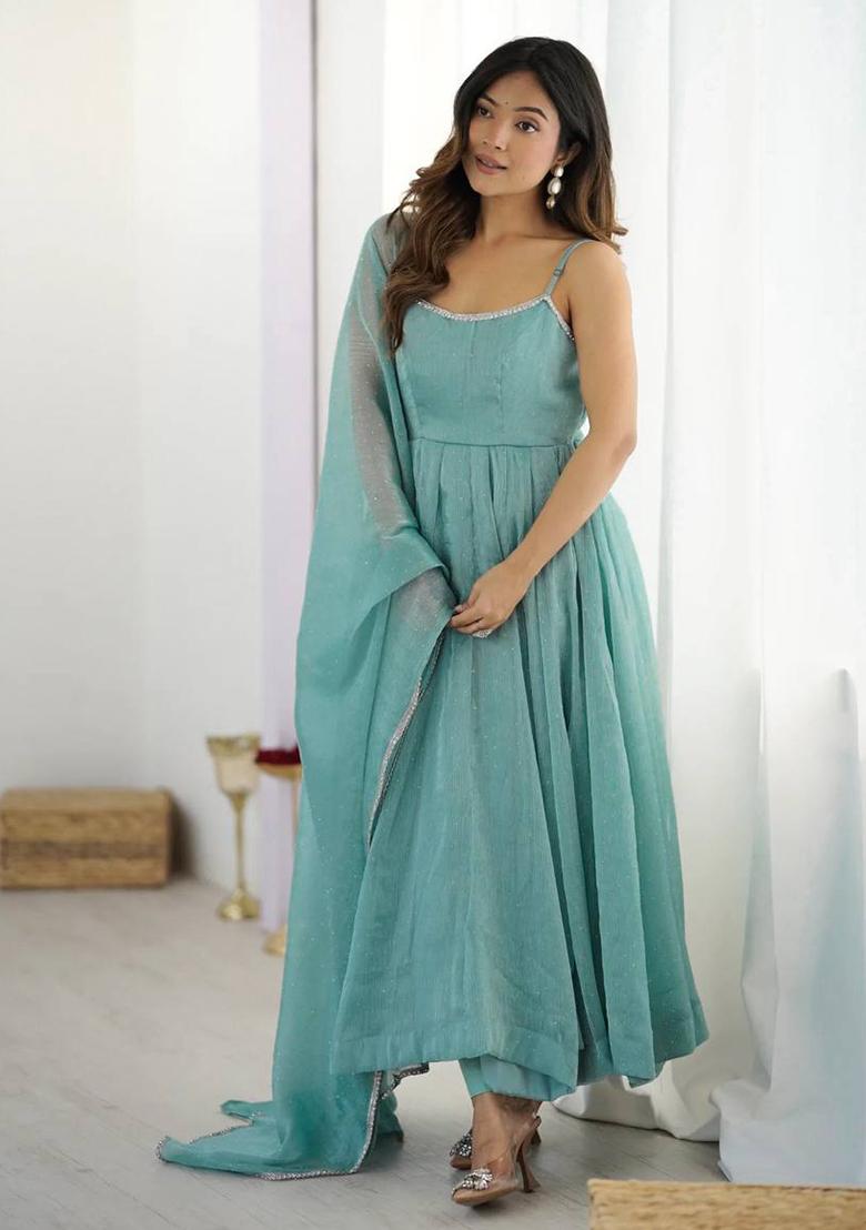 Pastel Aqua Blue Embroidered Silk Anarkali Set - Indya