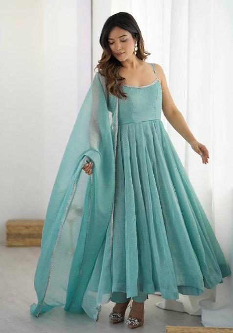Pastel Aqua Blue Embroidered Silk Anarkali Set