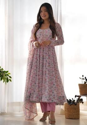 Light Pink Printed Organza Anarkali Set