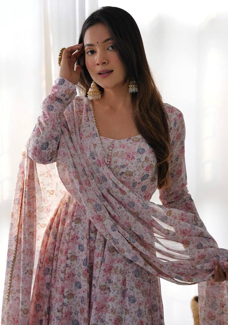 Light Pink Printed Organza Anarkali Set - Indya