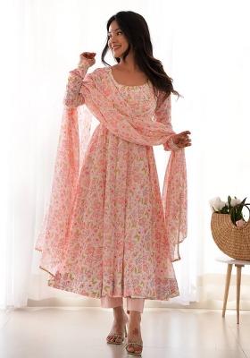 Light Peach Pink Printed Organza Anarkali Set