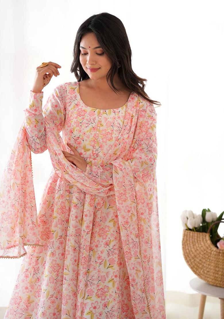 Light Peach Pink Printed Organza Anarkali Set - Indya