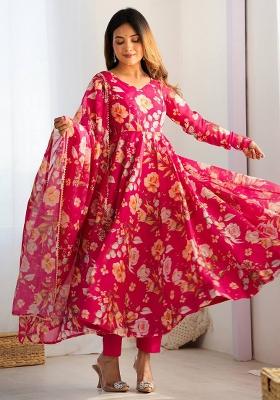 Pink Printed Organza Anarkali Set
