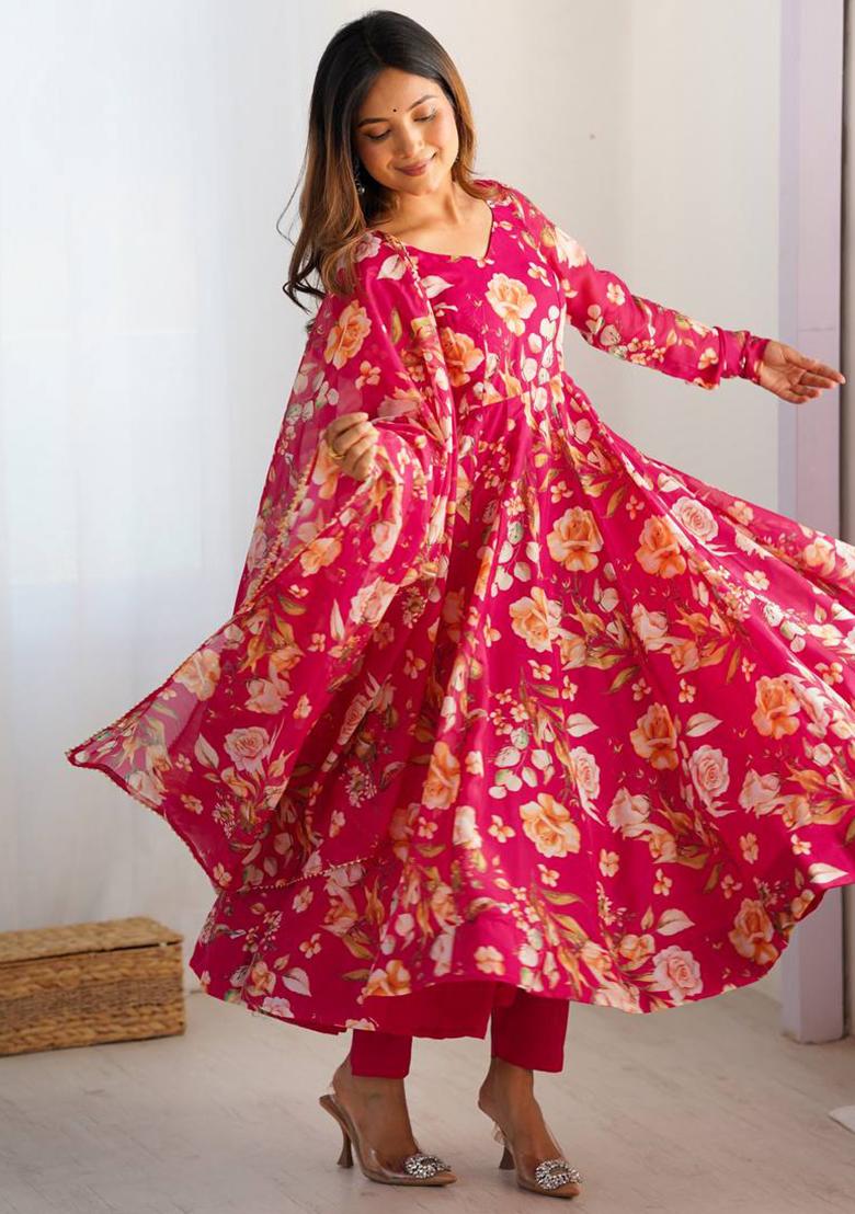Pink Printed Organza Anarkali Set - Indya