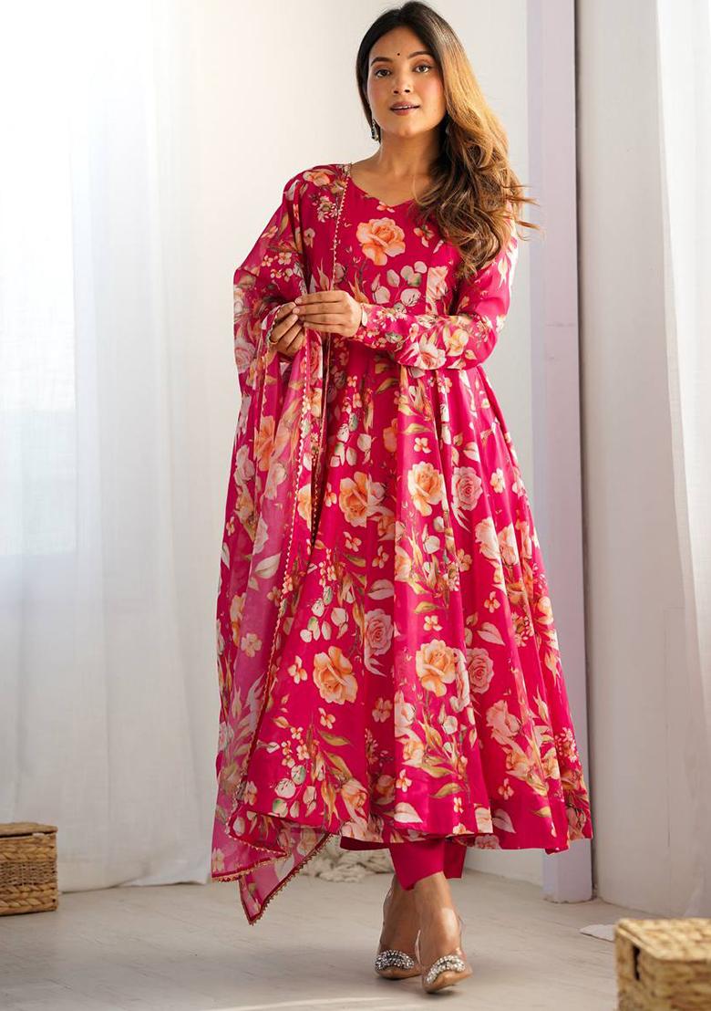 Pink Printed Organza Anarkali Set - Indya