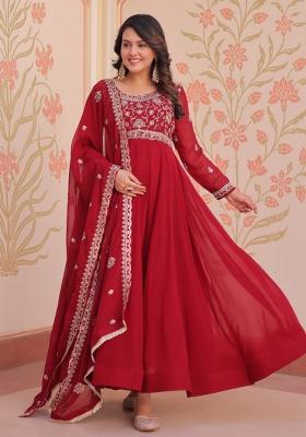 Red Embroidered Georgette Gowns