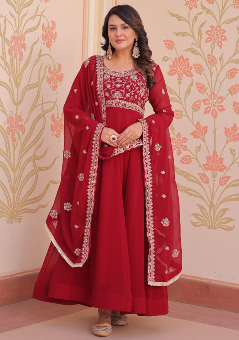 Red Embroidered Georgette Gowns - Indya