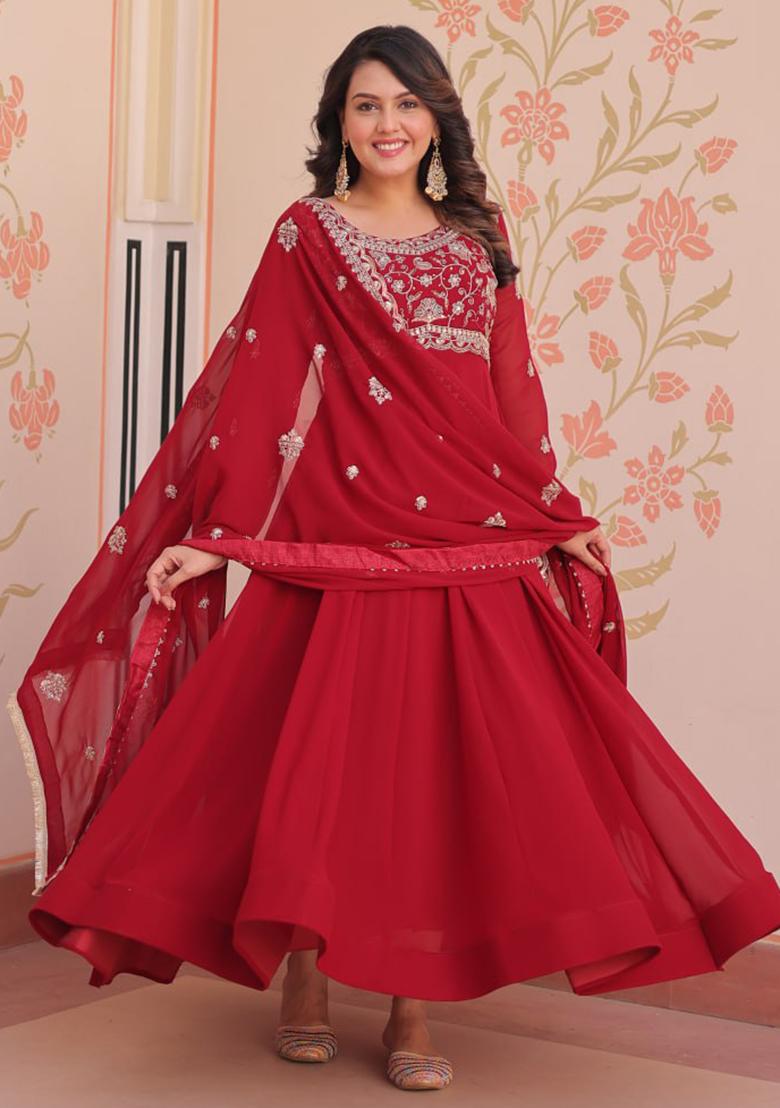 Red Embroidered Georgette Gowns - Indya