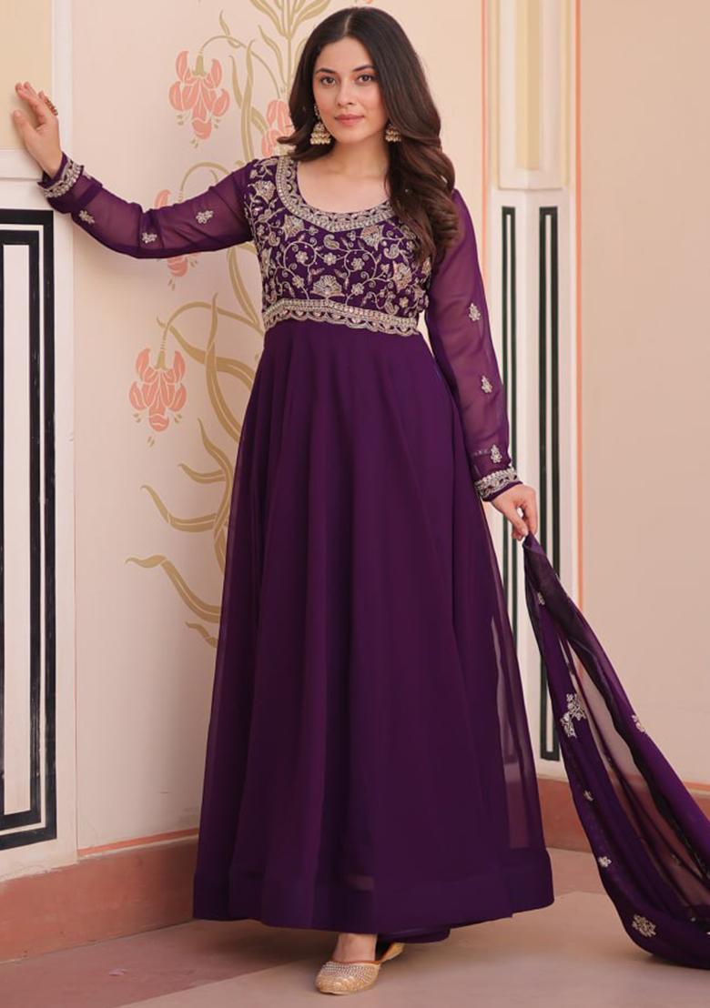Purple Embroidered Georgette Gowns - Indya