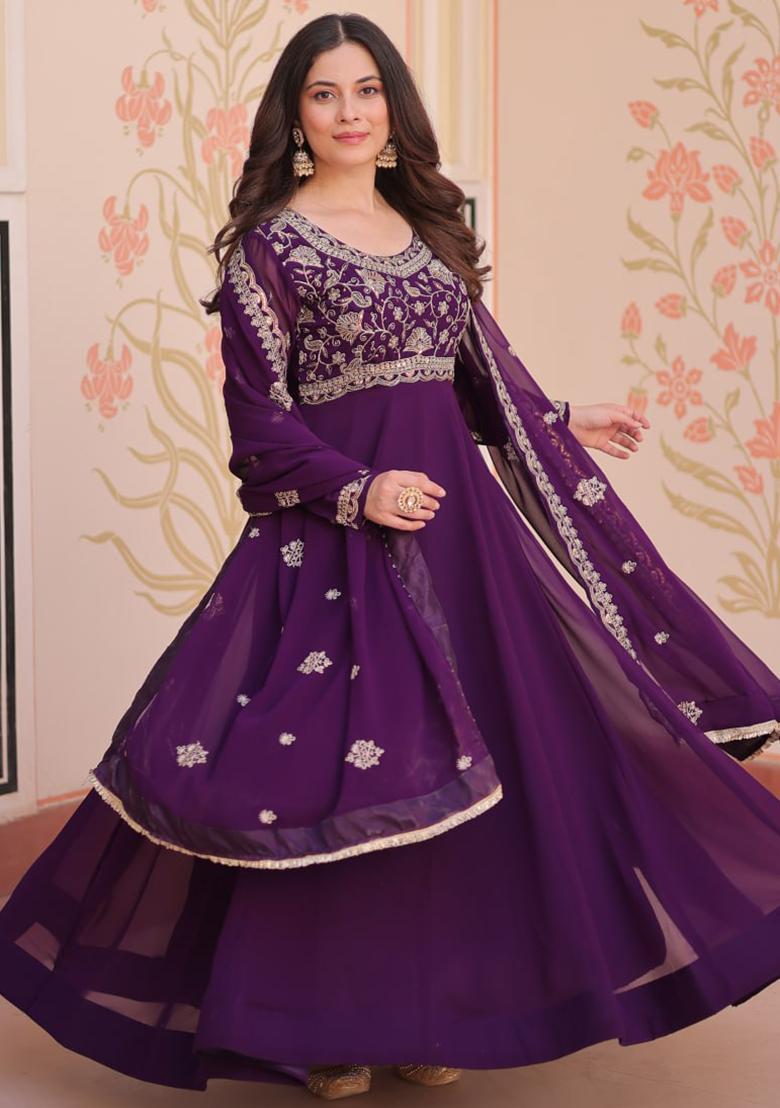 Purple Embroidered Georgette Gowns - Indya