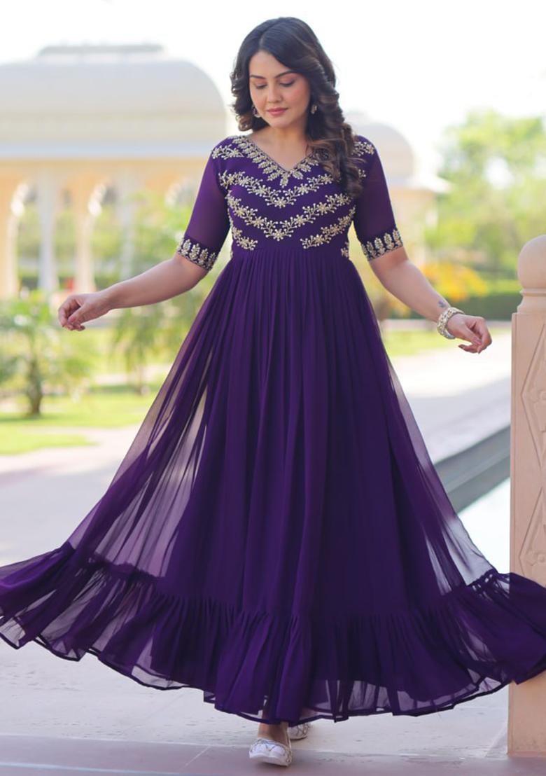 Purple Embroidered Georgette Gowns - Indya