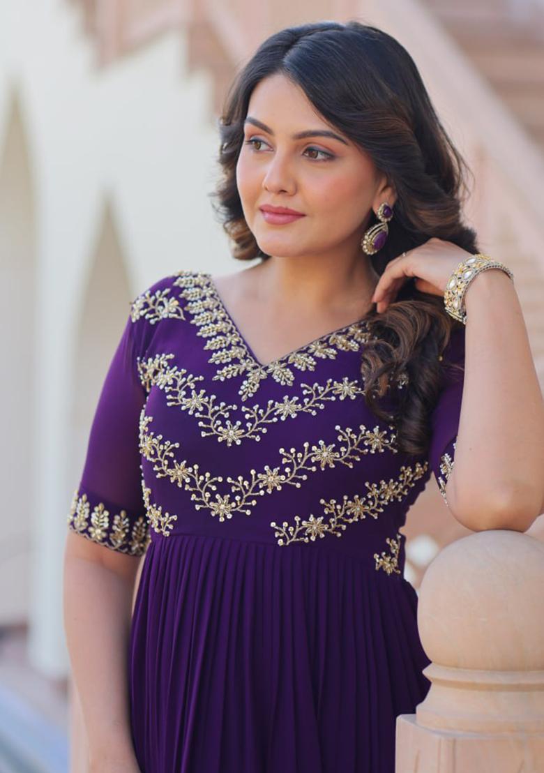 Purple Embroidered Georgette Gowns - Indya