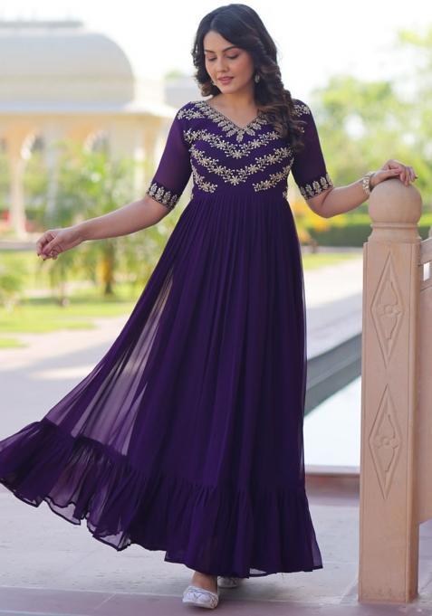 Purple Embroidered Georgette Gowns