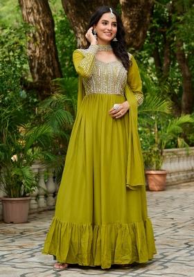 Olive Green Embroidered Georgette Gowns