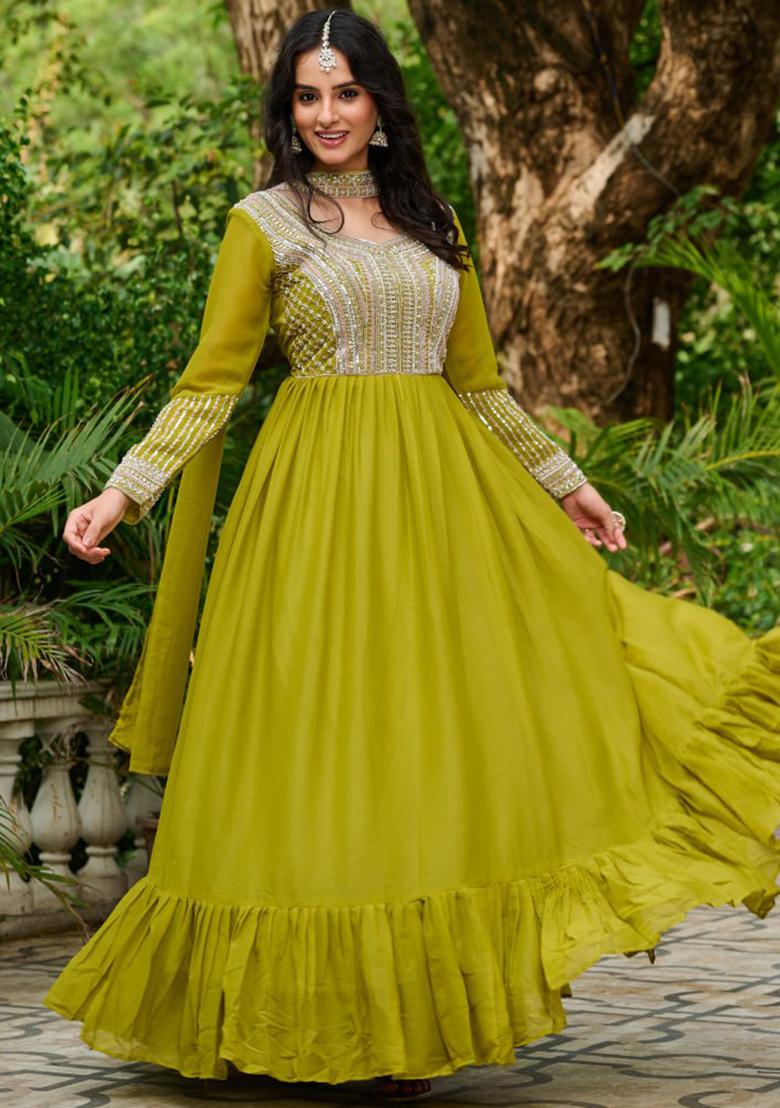 Olive Green Embroidered Georgette Gowns - Indya