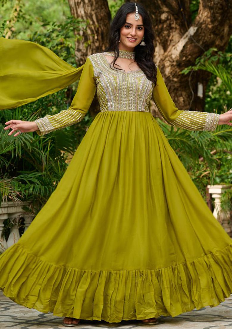 Olive Green Embroidered Georgette Gowns - Indya