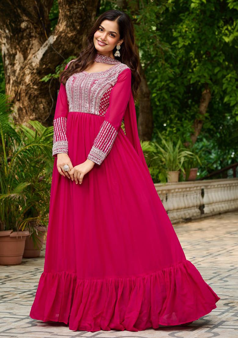 Pink Embroidered Georgette Gowns - Indya