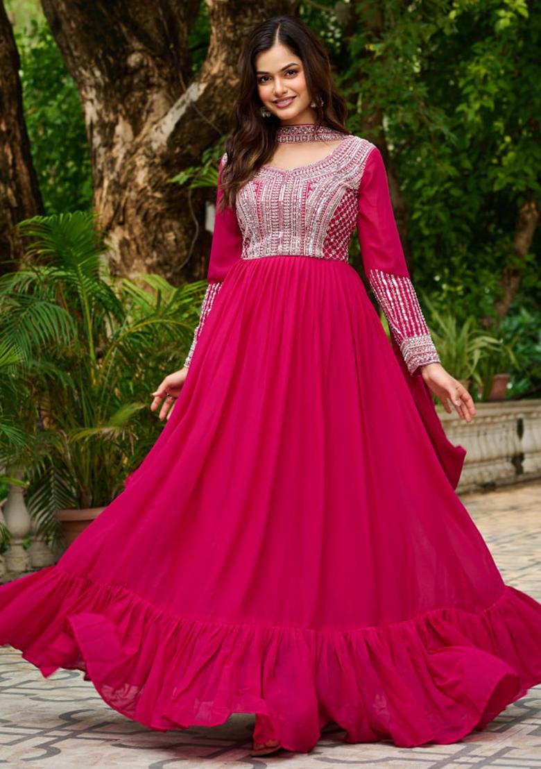 Pink Embroidered Georgette Gowns - Indya