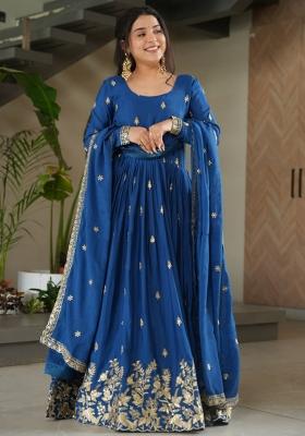 Blue Embroidered Chinon Gowns