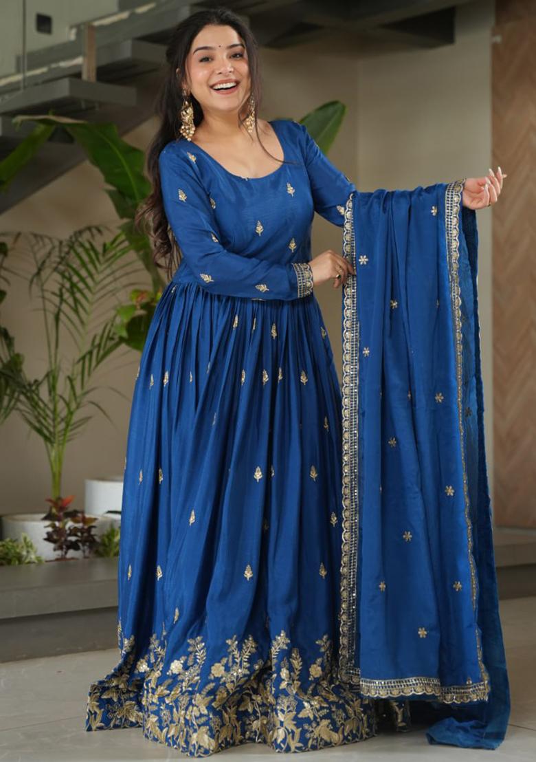 Blue Embroidered Chinon Gowns - Indya