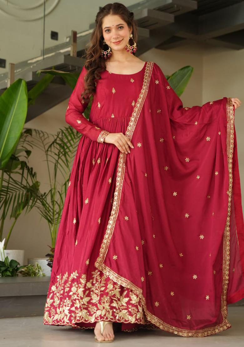 Deep Maroon Embroidered Chinon Gowns - Indya