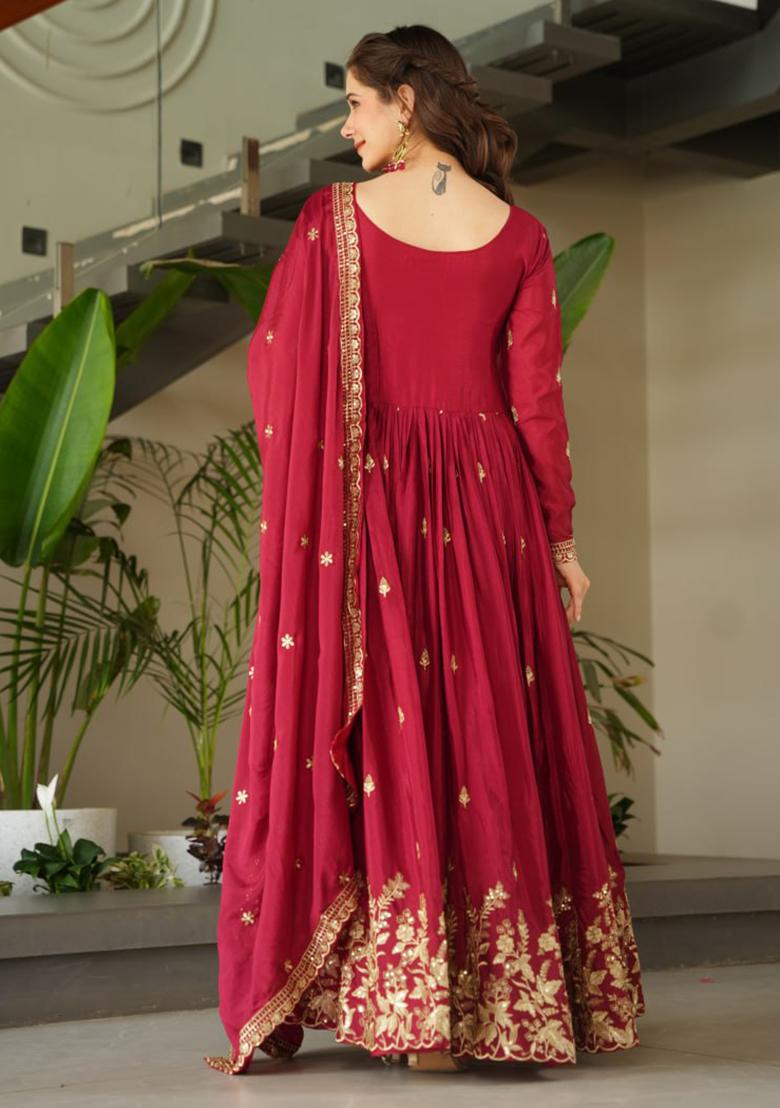 Deep Maroon Embroidered Chinon Gowns - Indya