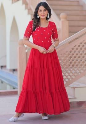 Red Embroidered Georgette Gowns
