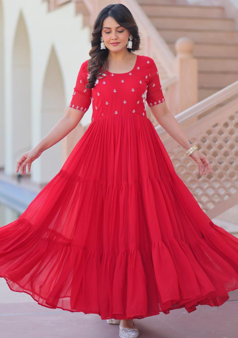 Red Embroidered Georgette Gowns - Indya