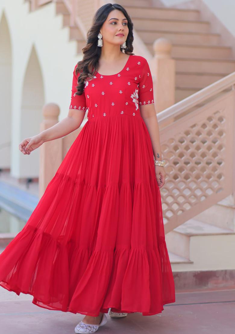 Red Embroidered Georgette Gowns - Indya