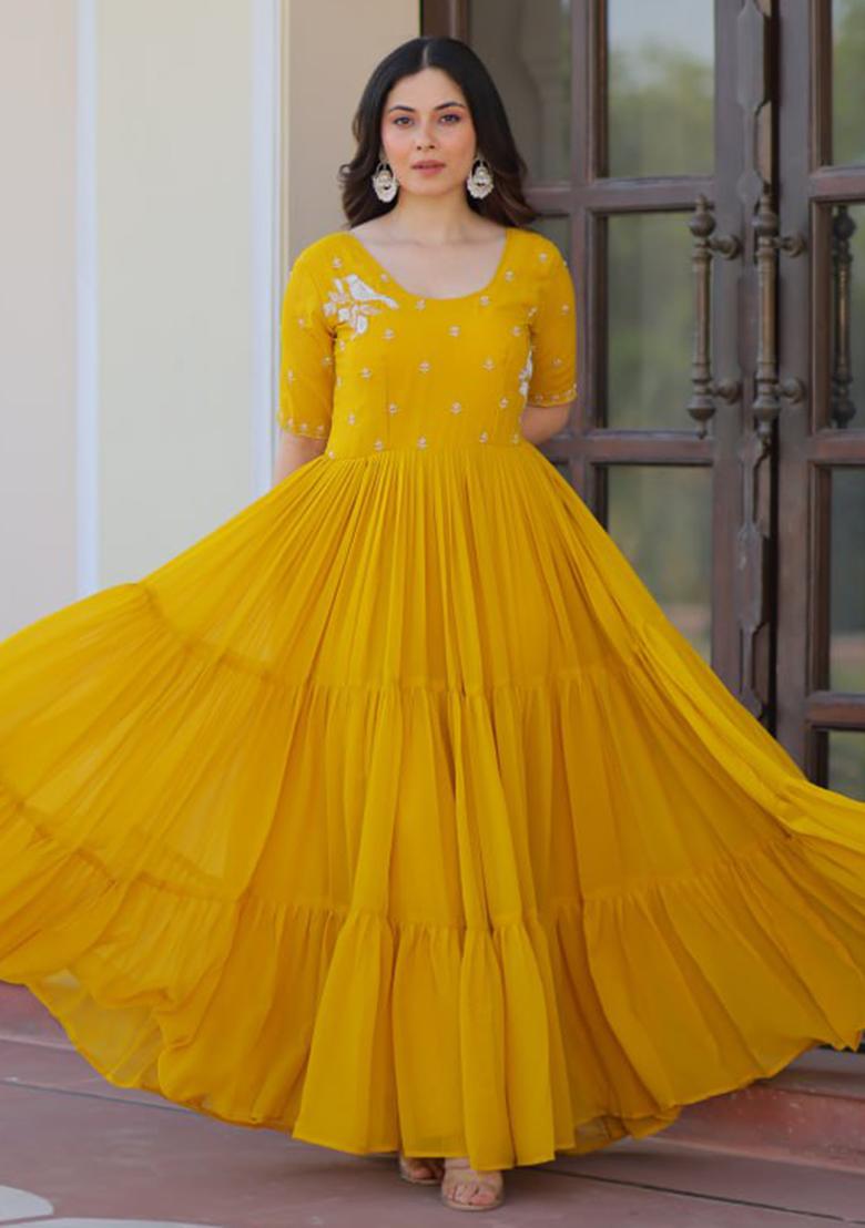 Yellow Embroidered Georgette Gowns - Indya