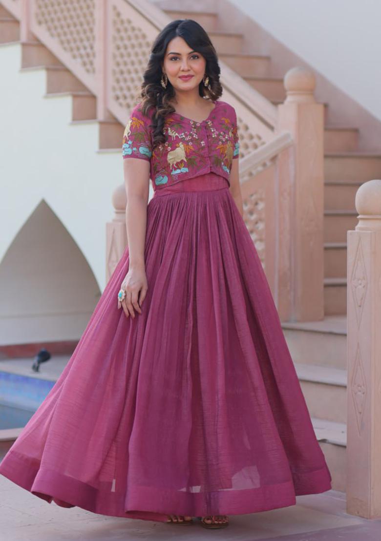 Wine Embroidered Georgette Gowns - Indya