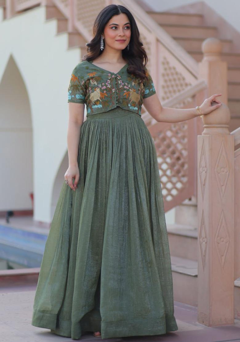 Olive Green Embroidered Georgette Gowns - Indya