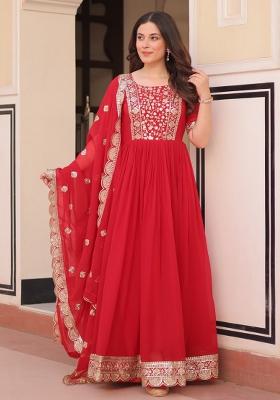 Red Embroidered Georgette Gowns