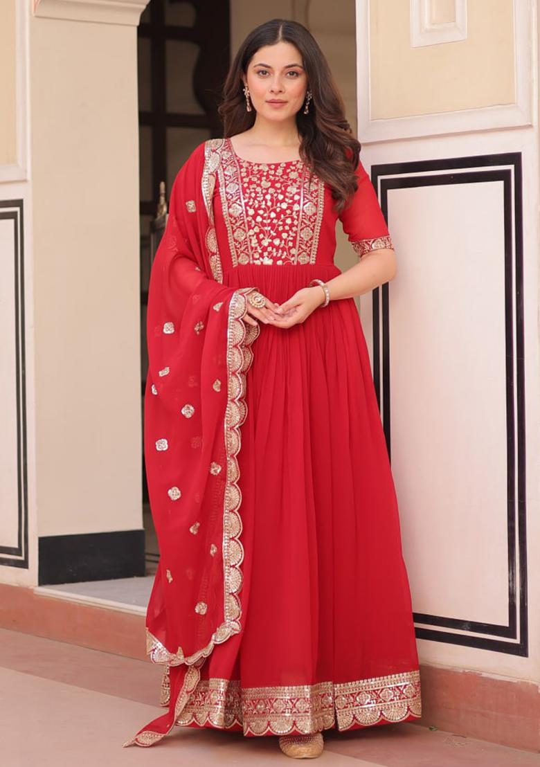 Red Embroidered Georgette Gowns - Indya
