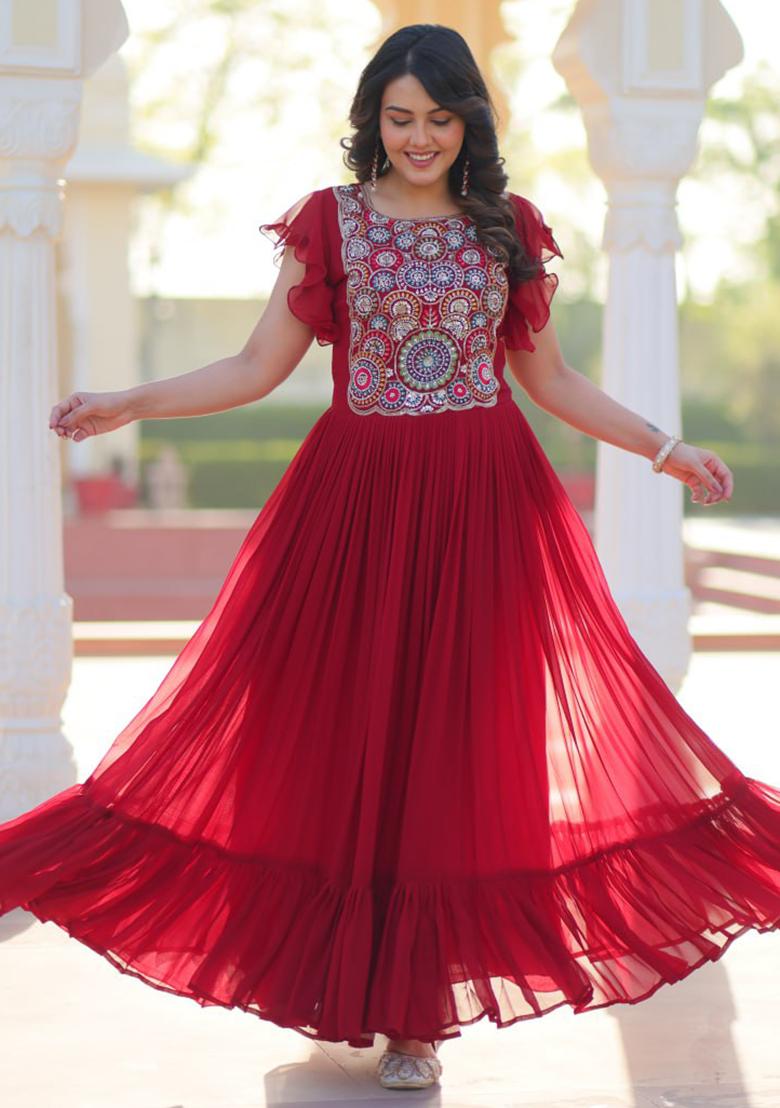 Maroon Embroidered Georgette Gowns - Indya