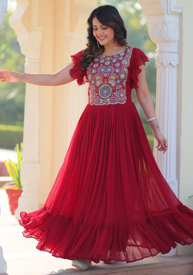 Maroon Embroidered Georgette Gowns - Indya