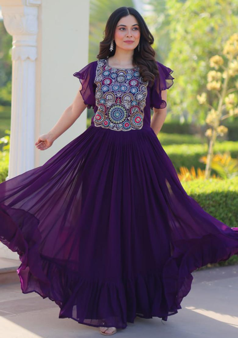 Purple Embroidered Georgette Gowns - Indya