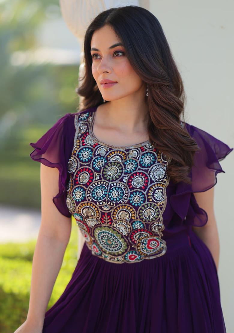 Purple Embroidered Georgette Gowns - Indya