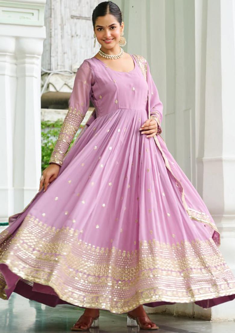 Lavender Embroidered Georgette Gowns - Indya