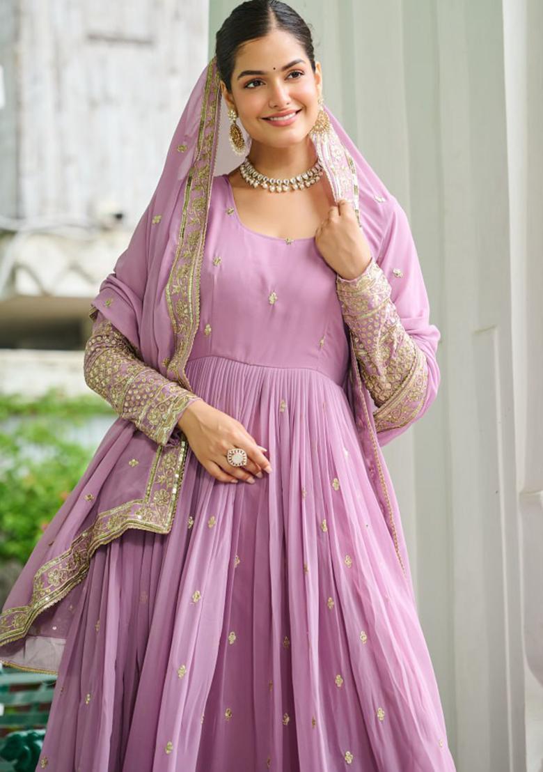 Lavender Embroidered Georgette Gowns - Indya