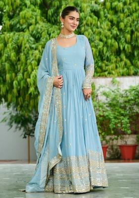Sky Blue Embroidered Georgette Gowns