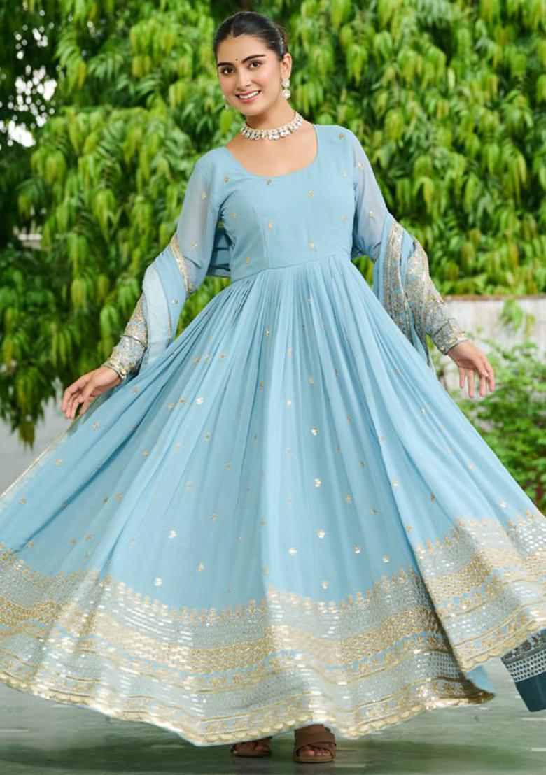 Sky Blue Embroidered Georgette Gowns - Indya