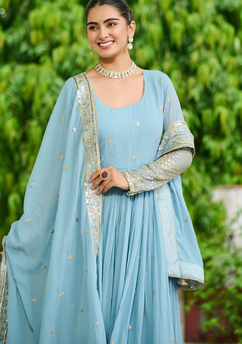 Sky Blue Embroidered Georgette Gowns - Indya