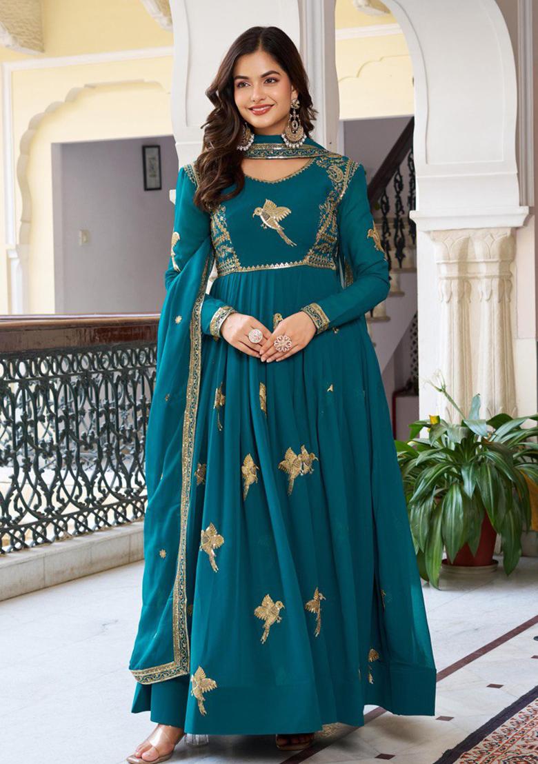 Rama Green Embroidered Georgette Gowns - Indya